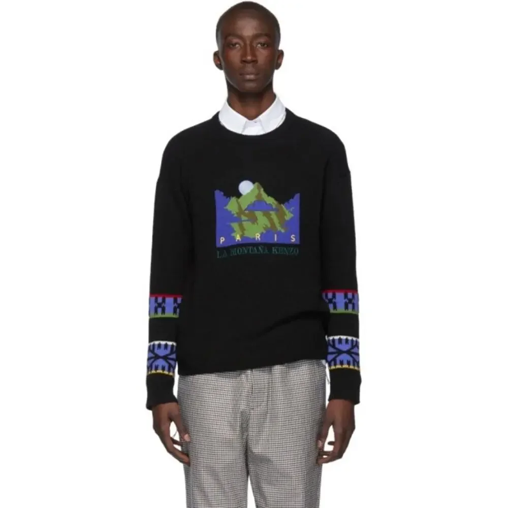 KENZO Sweater Men M”PARIS La Montana”2019 Graphic Logo Wool Black Royal-Blue